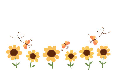 Sunflower icon set and butterfly cartoons isolated on white background vector.