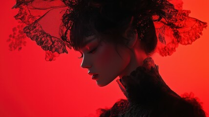 Fototapeta premium Portrait of a fashionable elegant young asian woman model on red background. Beauty, fashion.