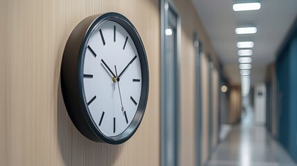 Modern wall clock displaying time in a well-lit office corridor during daytime hours
