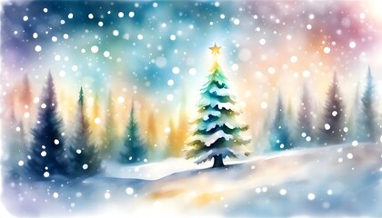 Obraz premium Christmas tree with star in the snowing forest in pastel colours