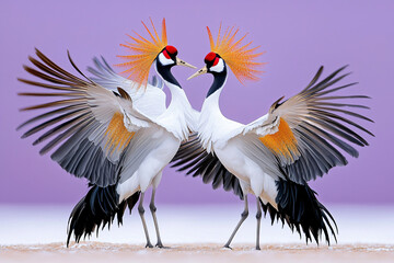 Obraz premium crowned cranes in ritualistic dance against purple sky