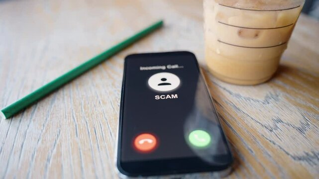A smartphone displaying an incoming call labeled &ldquo;SCAM&rdquo; on a wooden table beside an iced coffee, emphasizing caution and awareness of phone scams.