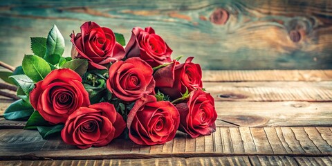 Watercolor-style painting of a bouquet of red roses on a wooden table, watercolor, artistic