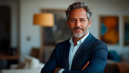 Fototapeta premium Confident Middle-Aged Businessman with Gray Hair and Beard in Modern Office 