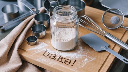 Baking Setup with Flour Jar and Wooden Cutting Board