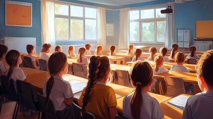 Classroom of attentive children, bright natural light streaming through windows, engaging learning environment.