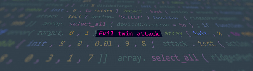 Cyber attack evil twin attack text in foreground screen, hands of a anonymous hacker on a led keyboard.,English language,text in English