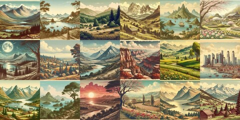 Vintage postcard landscapes. AI generated illustration