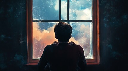 Fototapeta premium Contemplative boy gazing out of a window, lost in thought, surrounded by colorful clouds and atmospheric light.
