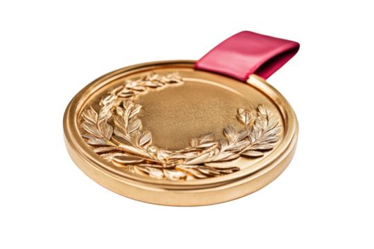 Shining gold medal resting gracefully with a red ribbon, symbolizing achievement and victory - Powered by Adobe