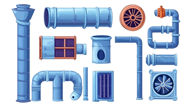 Illustration of various air duct systems including fan chimneys, vent pipes, and tube sets designed for cooling and cleaning air conditioners.