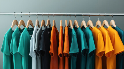 A row of colorful T-shirts in various shades hanging on wooden hangers on a metallic garment rack.