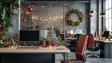 Modern office decorated for christmas with red ornaments and string lights