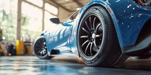 Close-up of a blue sports car with black rims in a garage setting