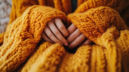 Cozy hands wrapped in a knitted mustard sweater, exuding warmth and comfort on a chilly day.