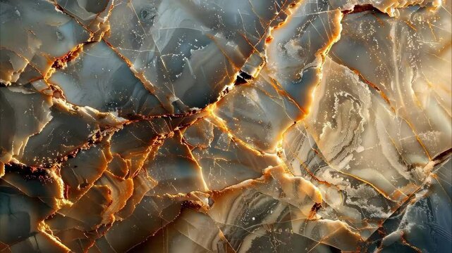 A close-up view of a beautiful, shimmering agate stone with intricate patterns and hues of gold, brown, and blue.