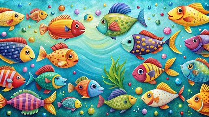 Naklejka premium Cute Horizontal Border Illustration with Colorful Fish for Whimsical Designs and Backgrounds