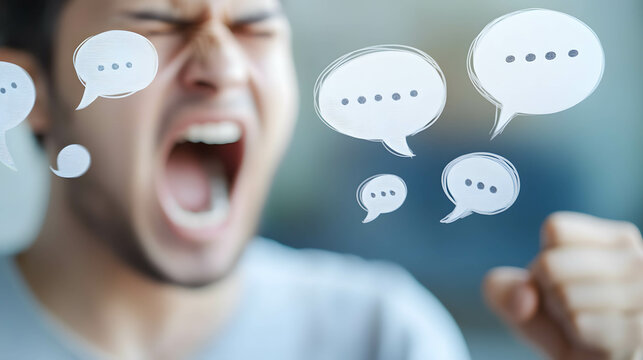close up a sad person with aggressive speech bubbles around blur background, showing emotional harm from hate speech.