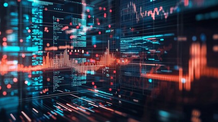 Fototapeta premium Digital financial data visualization with glowing blue and red charts