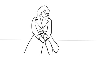 Girl in a coat continuous line art drawing isolated on white background. Beautiful lady outline. Vector illustration	