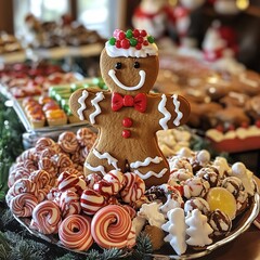 Obraz premium Whimsical Gingerbread Man with Icing Decorations on Holiday Table Filled with Treats