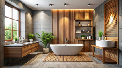 Fototapeta premium modern bathroom interior with white tub and wooden elements
