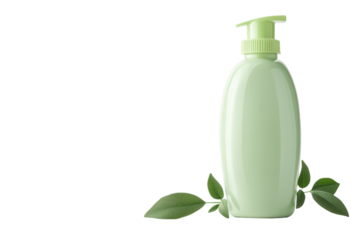 A serene green lotion bottle with fresh leaves on a minimalist white background
