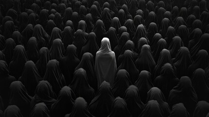 Obraz premium A person is standing in the middle of a crowd of people