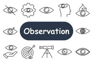 Observation set icon. Eye with magnifying glass, hand target, telescope, eye with gear, and globe with eye. Ideal for surveillance, focus, and monitoring systems