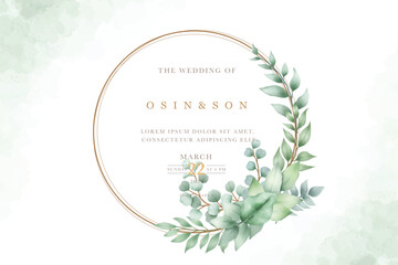 Green leaves watercolor wreath with golden frame © retno