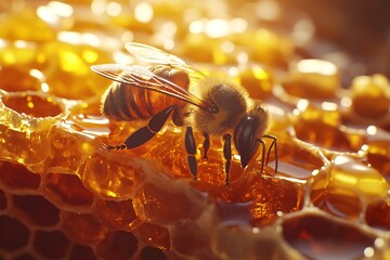 Honeybee working diligently on honeycomb in a warm, sunlit apiary during late afternoon hours