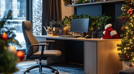 Modern home office decorated for christmas with snow outside