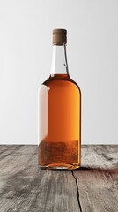 A rustic wooden table showcases a clear bottle filled with rich amber liquor