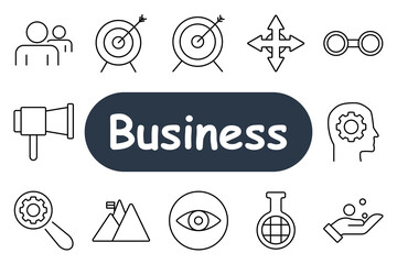 Business set icon. Team, target, growth, binoculars, megaphone, strategy, mountain, vision, analysis, innovation, idea. Icons represent business strategy, goals, leadership, and innovation