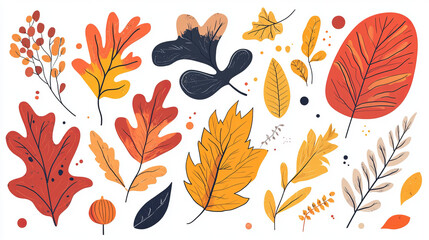 Obraz premium A set of colorful autumn leaves on a white background adds lightness and harmony to the composition, creating a feeling of golden autumn.