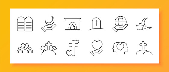 Faith and remembrance set icon. Tablets, hand with moon, fireplace, grave, world with faith, crescent, broken heart, cross, love, community, remembrance