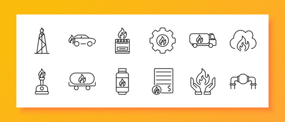 Gas industry set icon. Gas tower, car with fire, stove, cog with flame, tanker, cloud, burner, cylinder, contract with price, protective hands with flame, pipe
