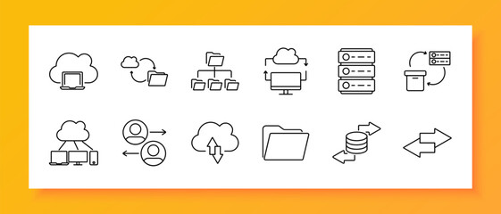 Data and file storage set icon. Cloud laptop, folder sync, file hierarchy, cloud upload, server rack, database sharing, user sync, data transfer, folder, storage bin, bidirectional transfer