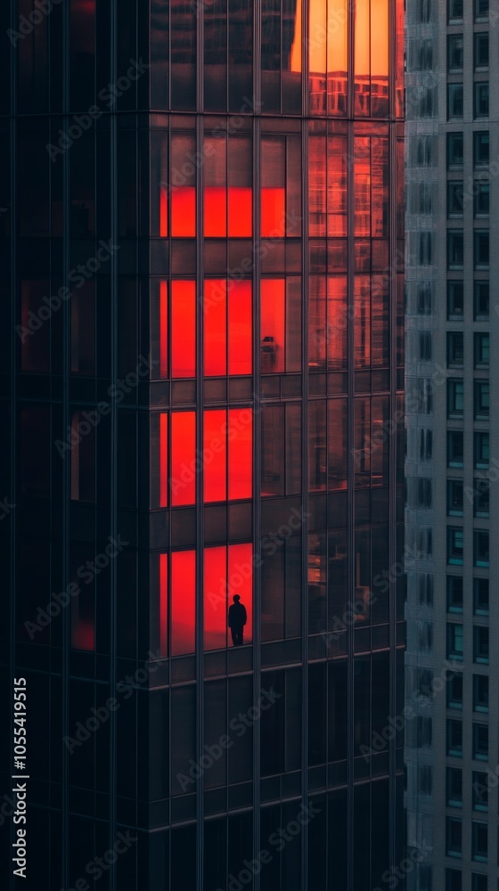 Poster A man is standing in front of a tall building with a red light shining on him