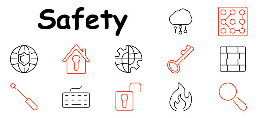 Safety set icon. Firewall, wrench, server shield, lock, eye, security scan, checkmark, shield, car lock, padlock, settings. Best for cybersecurity, privacy, and protection