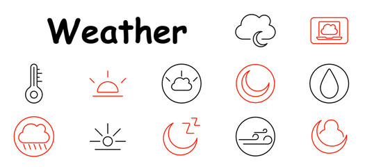 Weather set icon. Cloud on laptop, sunrise, rain cloud, crescent moon, wind, temperature, drop, cloudy night, sunny, and thermometer