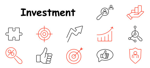 Investment set icon. Clock with person, magnifying glass with check, cycle arrow, chart, goal flag, info icon, alert triangle, clipboard with check, growth chart