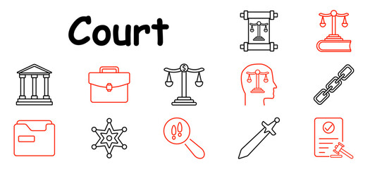Court set icon. Scale of justice, courthouse, briefcase, sheriff badge, sword, document, gavel, chain, evidence, law, legal system, file