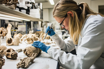 Scientist analyzing ancient bones in lab for archaeological research