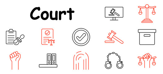 Court set icon. Gavel, justice scale, fingerprint, handcuffs, checklist, stamp, contract, approval, order, rights, legal, evidence