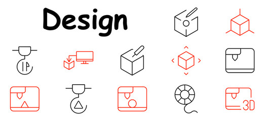 Design set icon. 3D printer, cube, pen, dimension arrows, monitor, extruder, filament reel, object.