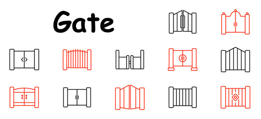 Gate set icon. Double doors, decorative, secure entrance, iron gate, sliding , archway, wooden, metal barrier