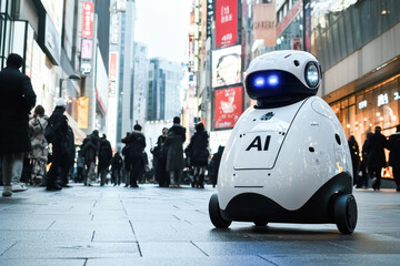 Fototapeta premium Futuristic ai robot navigating busy urban street in modern cityscape