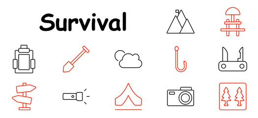 Survival set icon. Backpack, shovel, mountain, cloud, hook, knife, direction sign, flashlight, tent, camera, forest.