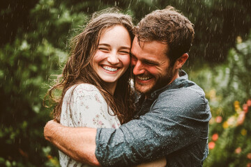Fototapeta premium Joyful couple embracing in the rain, celebrating love and happiness outdoors with genuine smiles